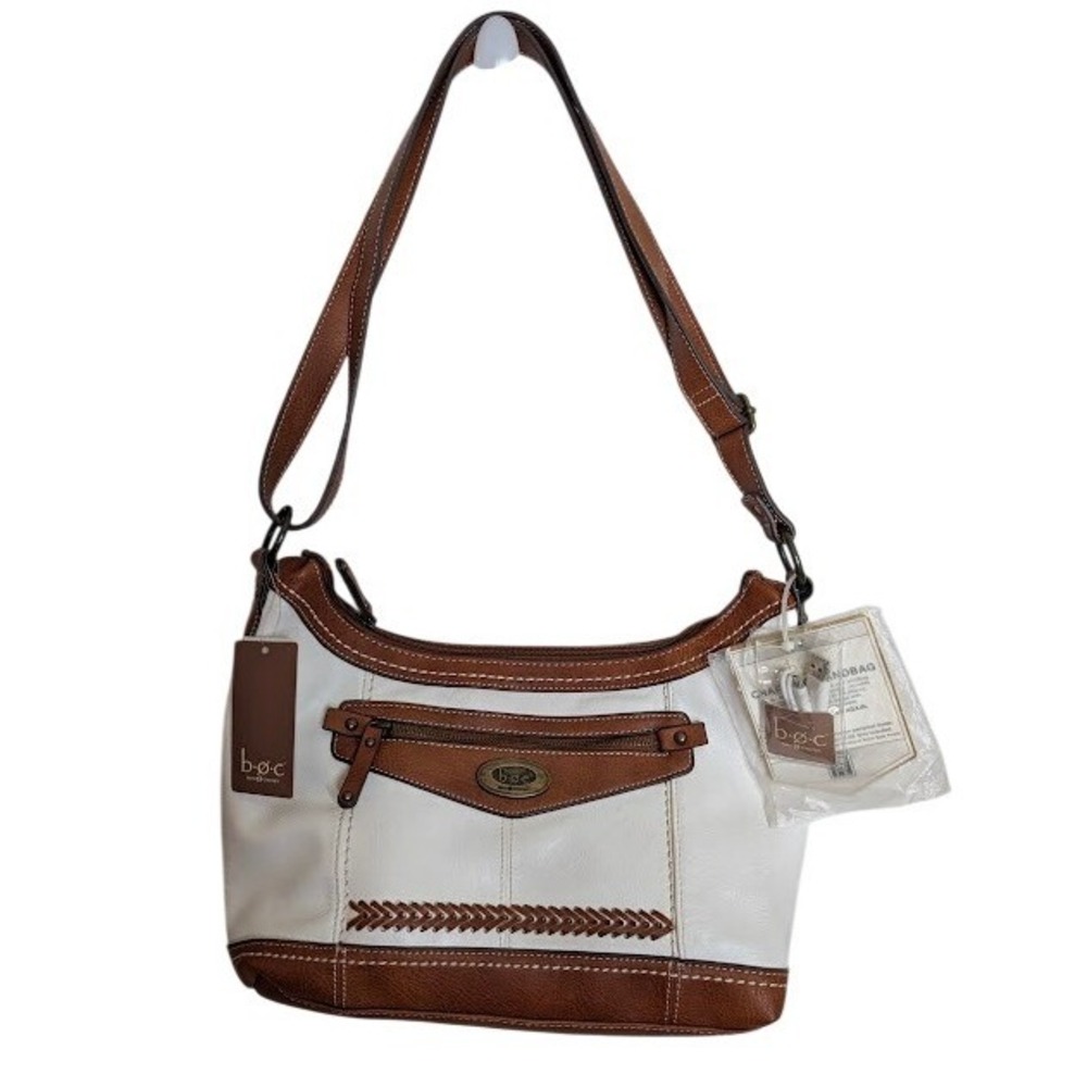 b.o.c. Women Shoulder Bag Medium White Brown Faux Leather Braided Hobo Purse NWT